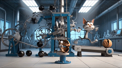  An animated GIF of a cartoon cat failing to crack a nut with a huge, complex machine. A tiny, strong, prehistoric toddler walks in and cracks it instantly with a single rock, symbolizing the power of a single, targeted solution.