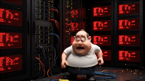 An animated GIF of a cartoon father failing to fix a server with a banana. A mushroom appears, magically rewires the system with its mycelial network, and fixes everything, symbolizing foundational IT-like support.