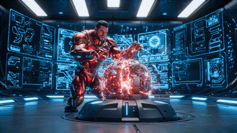 An animated GIF of a hero in red and gold armor failing to fix a machine with high-tech gear. A tiny, wise, green alien master calmly places a single stone on it, instantly fixing it and symbolizing a simple, wise solution.