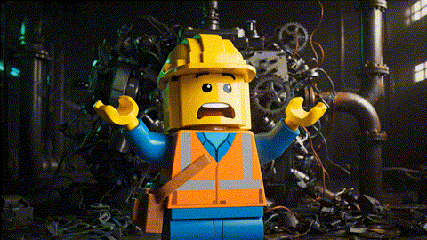 An animated GIF of a LEGO construction worker facing a machine that is on fire and leaking. He calmly places a single green LEGO brick in the center, and the entire machine is instantly fixed, symbolizing general support.