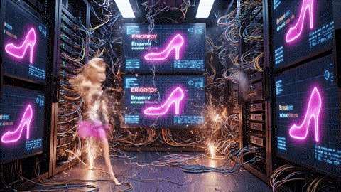  An animated GIF of a blonde fashion doll failing to fix a supercomputer by hitting it. A nerdy girl in an orange turtleneck arrives and fixes it instantly by plugging in a single green cable, symbolizing targeted women's health support.