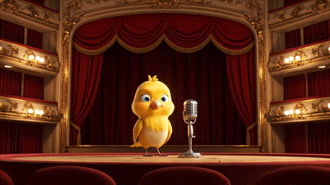 An animated GIF of a cartoon canary who tries to sing but only coughs up smoke. After eating a single glowing seed, he sings a powerful, beautiful song, symbolizing respiratory and lung support.
