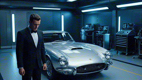 An animated GIF of a suave secret agent's iconic sports car running poorly. A nerdy quartermaster adds a single drop of green liquid, and the engine is instantly restored to perfect performance, symbolizing men's health support.