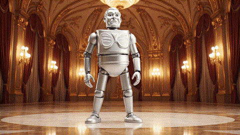  An animated GIF of a rusty, silver tin man dancing stiffly. A blue-and-white droid applies a drop of glowing oil, and the tin man instantly begins to dance with incredible, fluid grace, symbolizing joint support.