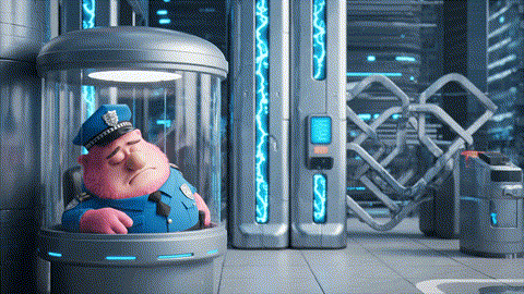 An animated GIF of a clumsy pink police inspector sleeping while germs invade. A drone gives him a keycard, which he uses to activate a powerful force field, instantly securing the gate and symbolizing immune support.