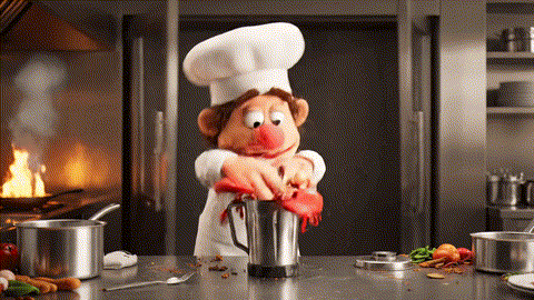  An animated GIF of a chaotic Swedish puppet chef destroying a kitchen. A composed woman with a bob haircut places a single sprig of parsley on the counter, and the entire kitchen instantly becomes perfect, symbolizing digestive harmony.