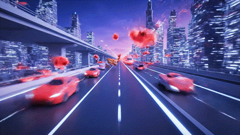  An animated GIF of a skeletal villain failing to block a highway with a pretzel. A bat-like hero appears and creates a perfect bypass lane with a remote, allowing traffic to flow smoothly, symbolizing cardiovascular support.