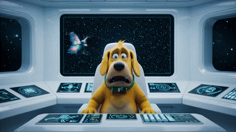 An animated GIF of a cowardly cartoon dog panicking at a "DOOMSDAY!" alert caused by a butterfly. A calm butler replaces a fuse in the console, and the alert instantly changes to "SYSTEM CALM," symbolizing stress and anxiety support.