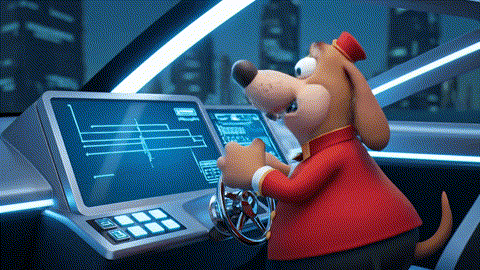 An animated GIF of a clumsy, dog-like bellhop failing to drive a speedboat. A wild-haired inventor in a time-traveling car gives him a glowing USB drive, which instantly fixes the boat, symbolizing a men's health system upgrade.
