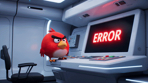 An animated GIF of an angry red bird furiously pecking at a computer error. A capable female hero calmly flips a switch on the console, instantly fixing the error and calming the bird, symbolizing stress, mood, and sleep support.
