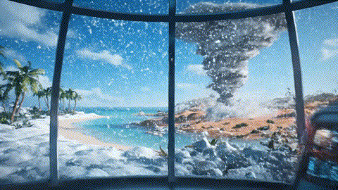  An animated GIF of a ditzy blonde cartoon character causing weather chaos in a biodome. A brilliant, nerdy girl in an orange turtleneck arrives and flips a single switch, instantly restoring perfect, calm weather and symbolizing women's health support.