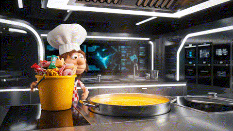  An animated GIF of a chaotic Swedish puppet chef about to ruin a perfect soup. A tiny, heroic rat chef appears, kicks the junk food away, and adds a single perfect herb, making the soup glow, symbolizing a master-level solution.