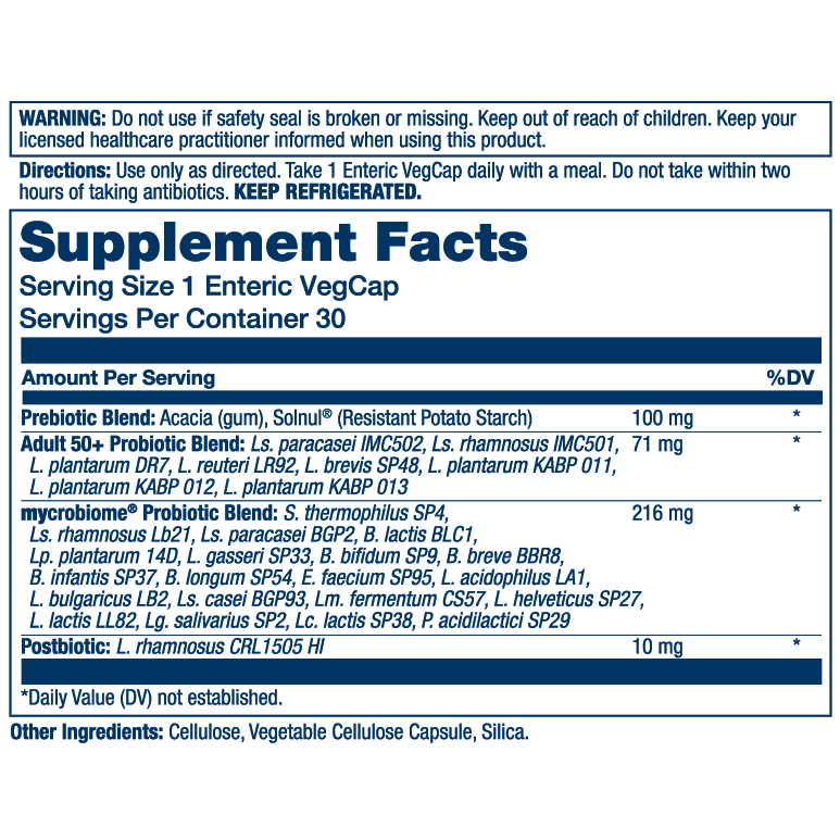 SOLARAY Mycrobiome Probiotic Adult 50 Plus Prebiotic Formula, Probiotics for Women and Men, Healthy Digestion, Metabolism, Energy, Colon and Urinary Tract Support, 30 Billion CFU, 30 Servings, 30 VegCaps