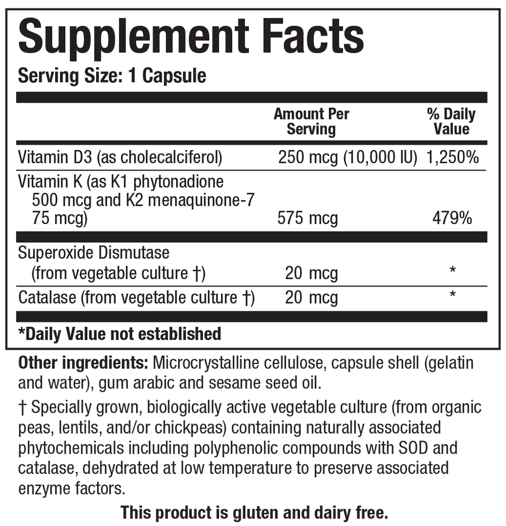 Biotics Research Bio-DK Caps 10,000 IU - Supplement Facts panel