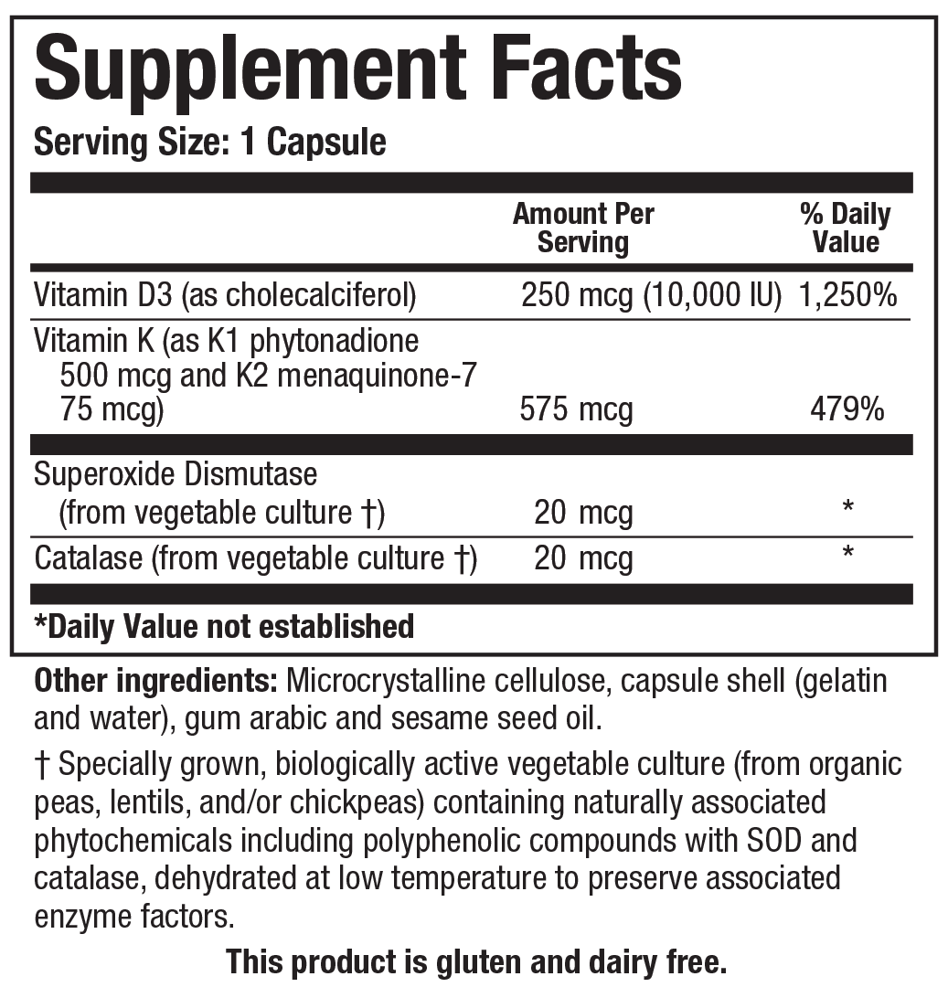Biotics Research Bio-DK Caps 10,000 IU - Supplement Facts panel