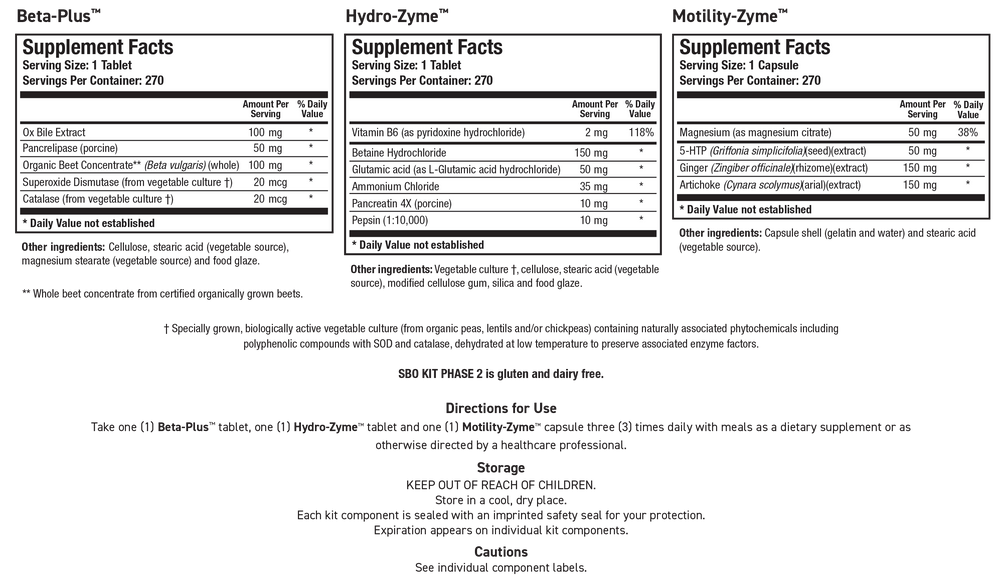 Biotics Research SBO KIT PHASE 2 270 Tablets - Supplement Facts panel