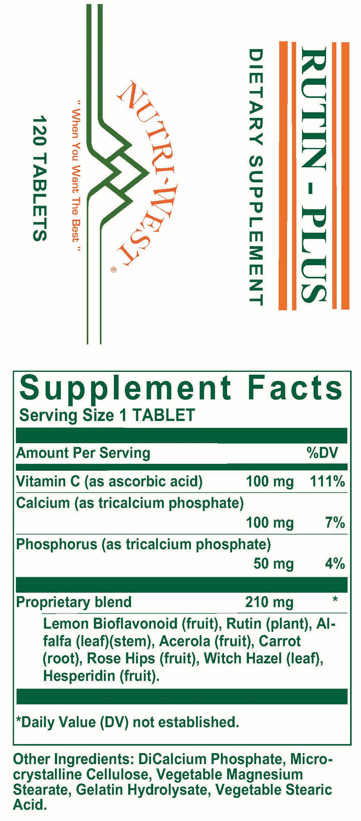 Nutri-West - Rutin Plus - 120 Tablets - Supplement Facts panel