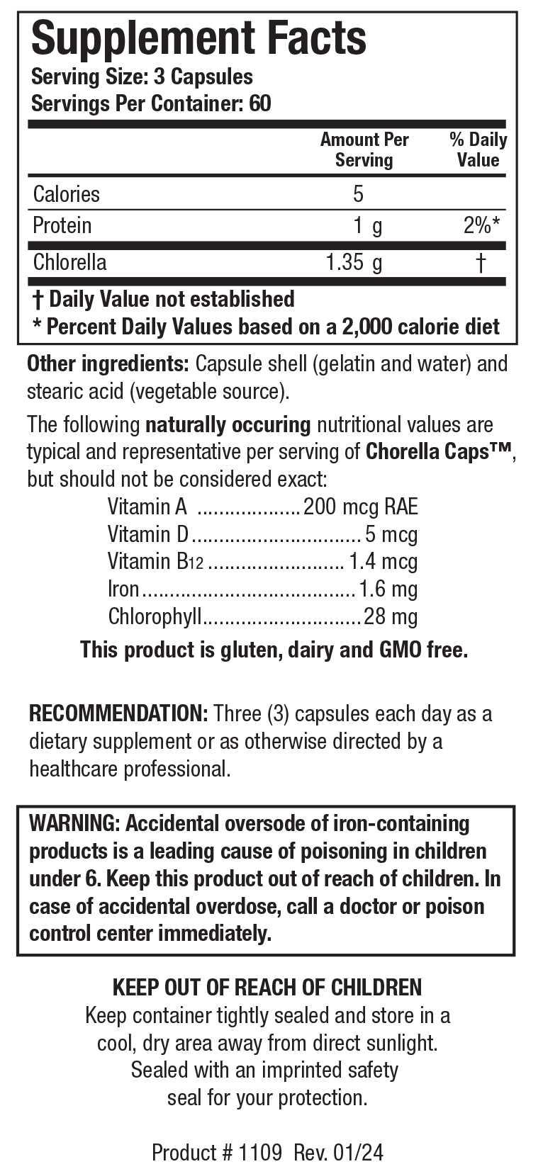 Biotics Research Chlorella Caps 180 Capsules - Supplement Facts panel