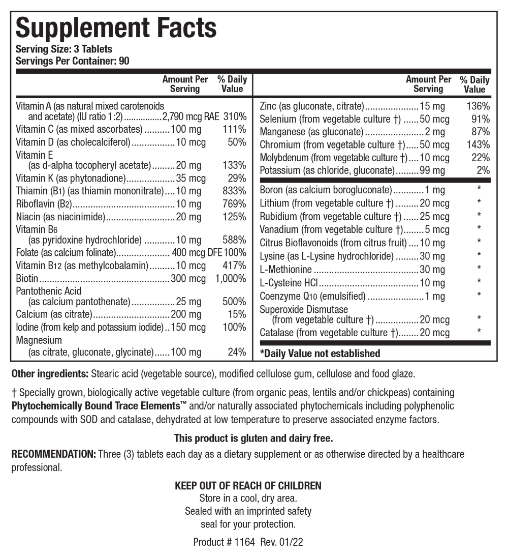 Biotics Research Bio-Multi Plus Fe & Cu Free 270 Tablets - Supplement Facts panel