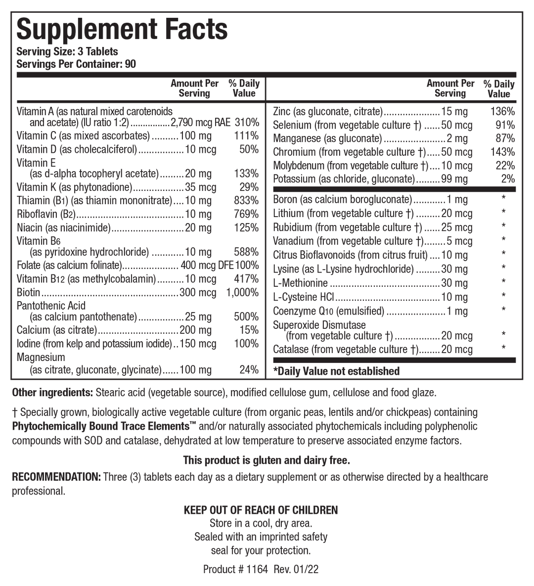 Biotics Research Bio-Multi Plus Fe &amp; Cu Free 270 Tablets - Supplement Facts panel