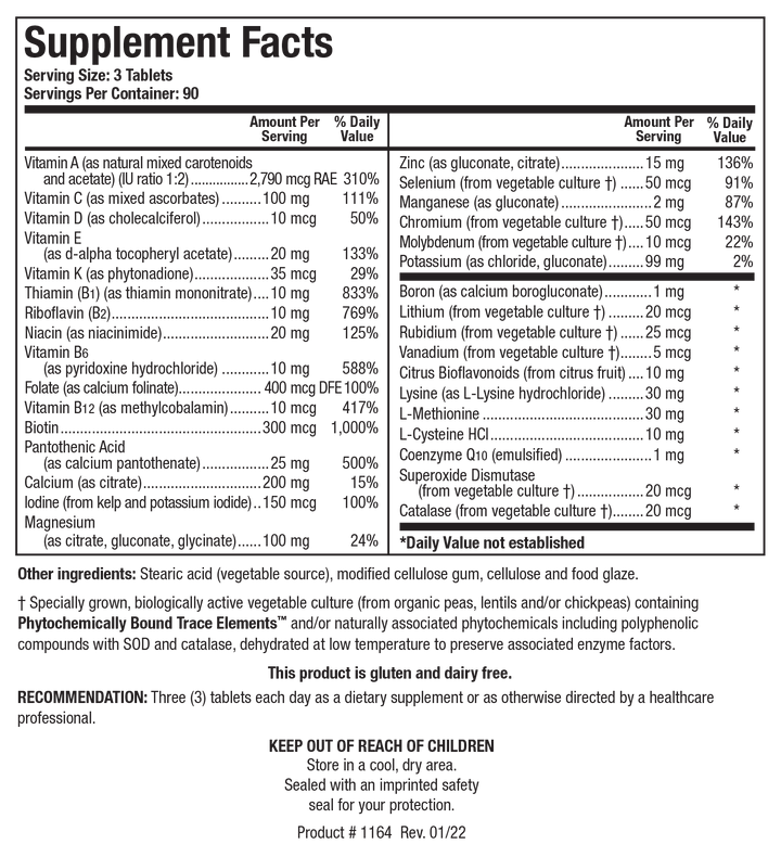 Biotics Research Bio-Multi Plus Fe &amp; Cu Free 270 Tablets - Supplement Facts panel