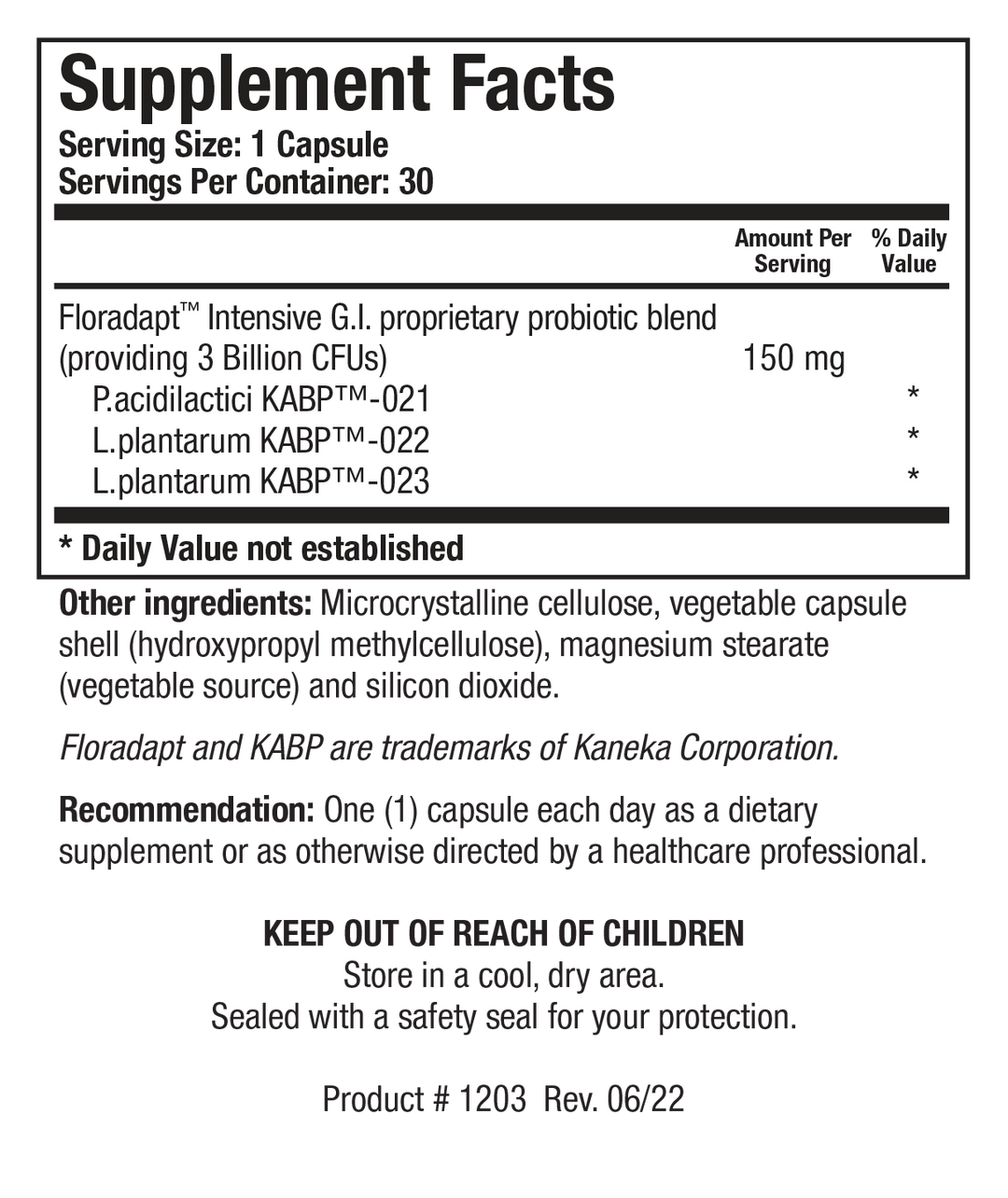 Biotics Research BioDoph-3 GI 30 Capsules - Supplement Facts panel