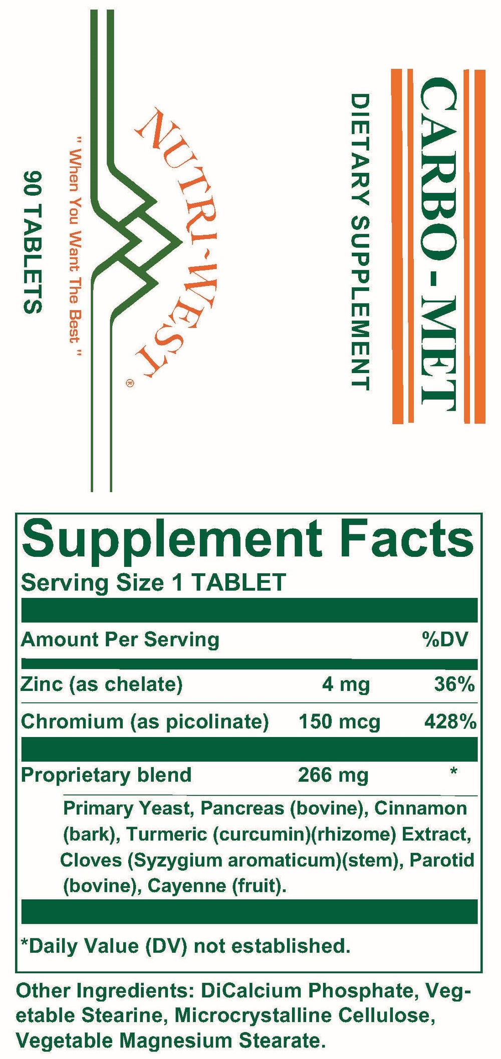 Nutri-West - Carbo-Met - 90 Tablets - Supplement Facts panel