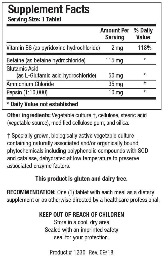 Biotics Research HCl-Plus - Supplement Facts panel