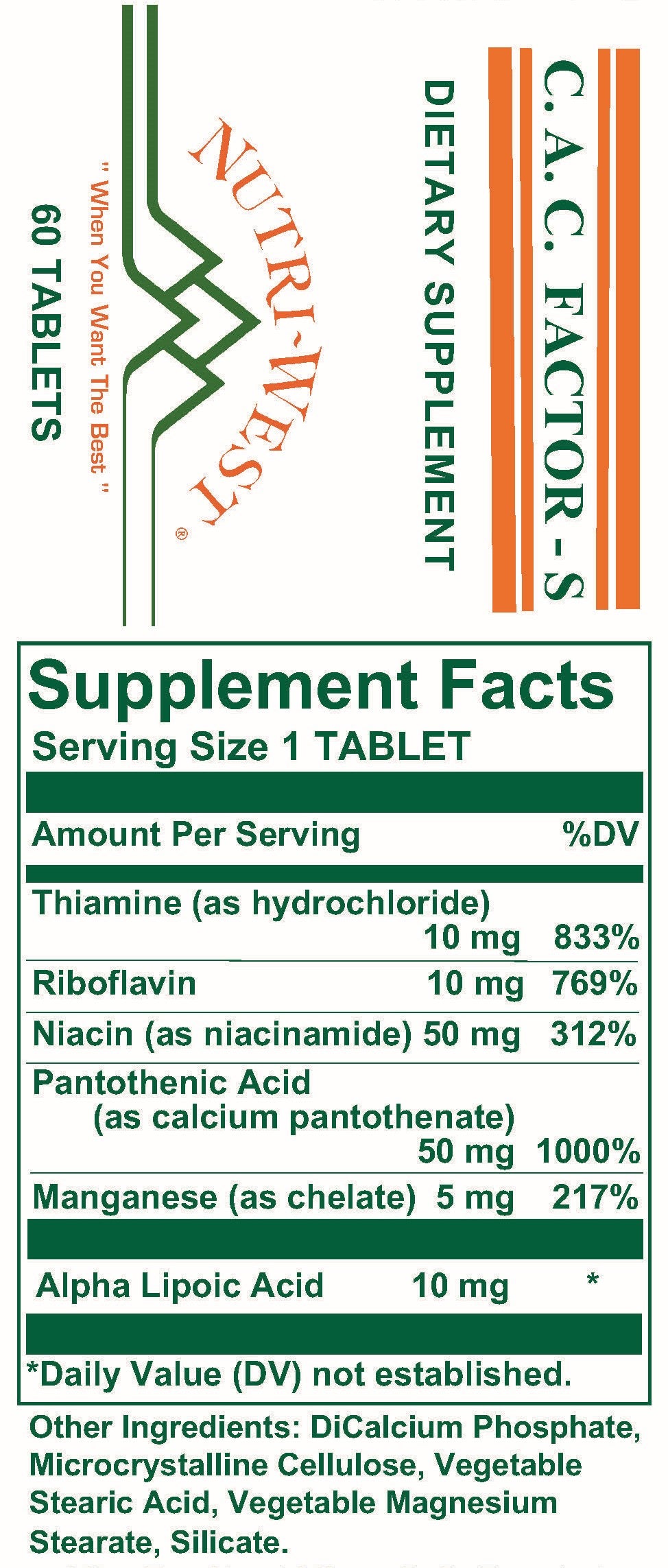 Nutri-West - C.A.C. Factor-S - 60 Tablets - Supplement Facts panel