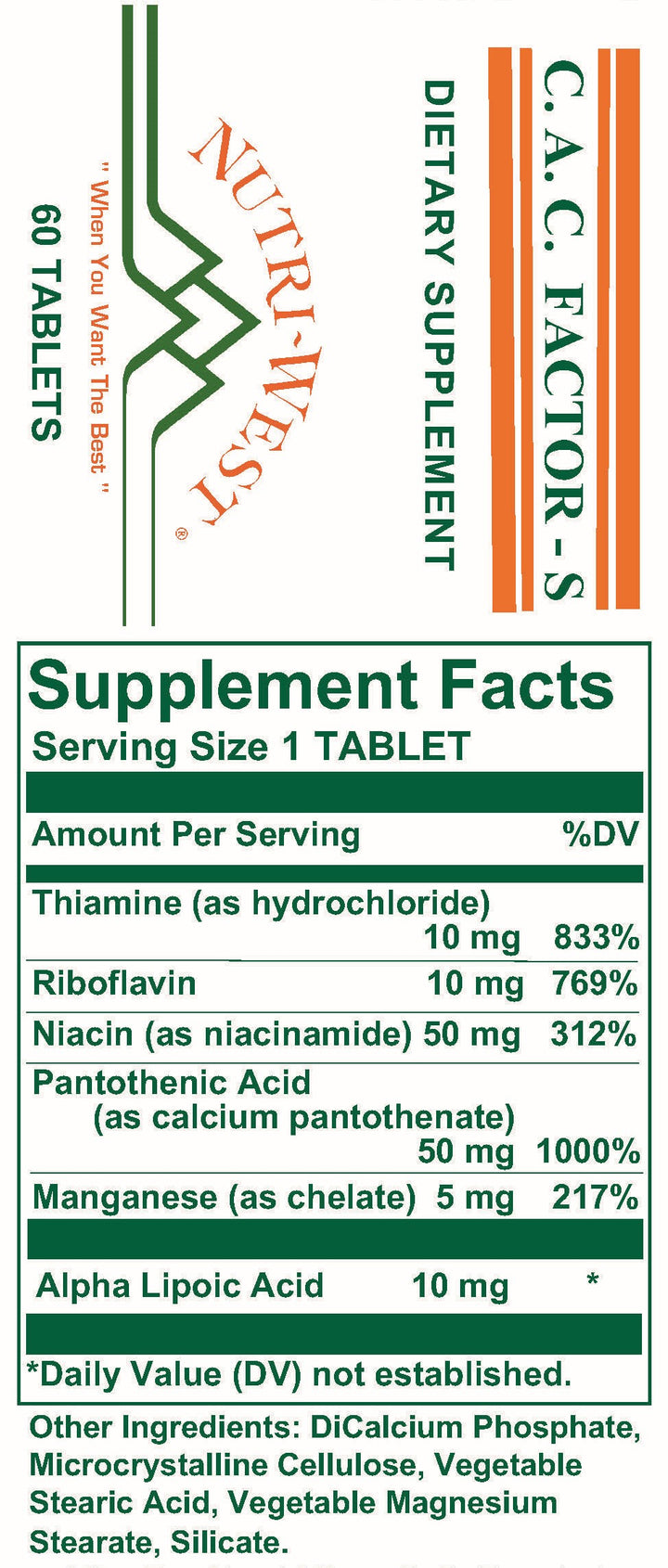 Nutri-West - C.A.C. Factor-S - 60 Tablets - Supplement Facts panel