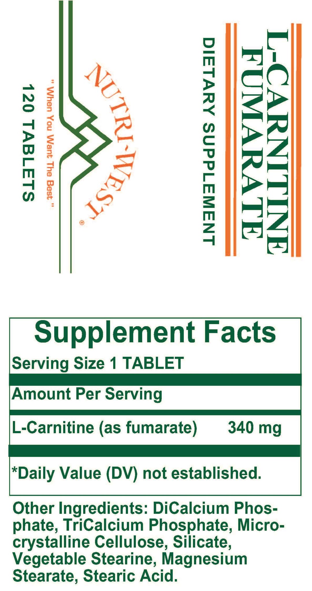 Nutri-West - L-Carnitine Fumarate - 120 Tablets - Supplement Facts panel