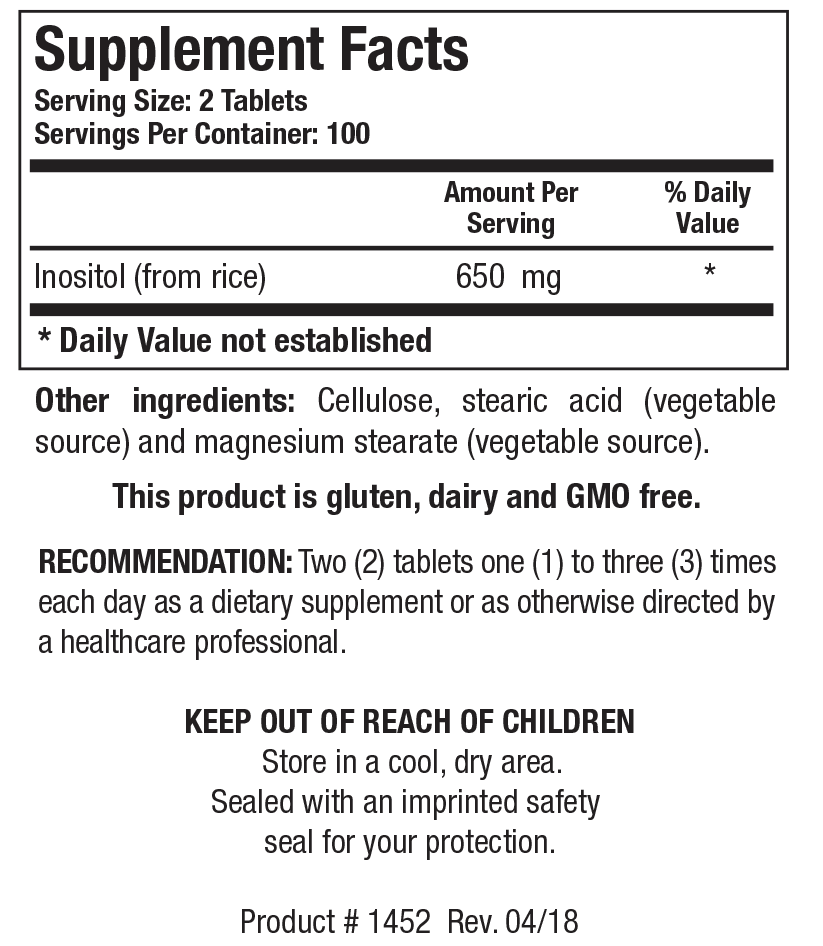 Biotics Research Inositol (from rice) 200 Tablets - Supplement Facts panel