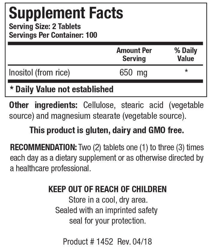 Biotics Research Inositol (from rice) 200 Tablets - Supplement Facts panel