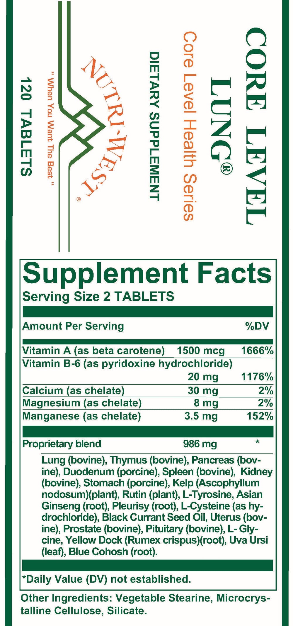 Nutri-West - Core Level Lung - 120 Tablets - Supplement Facts panel