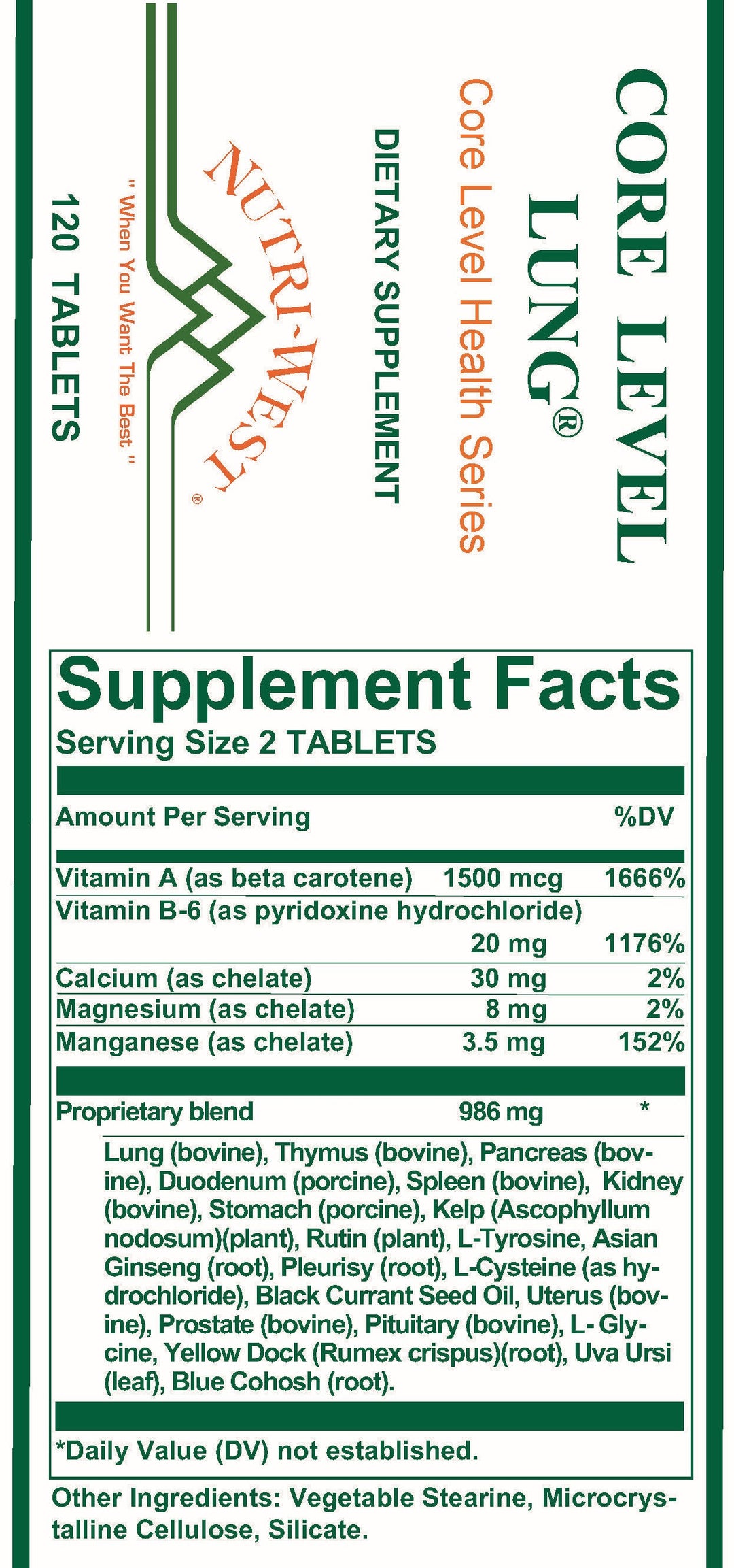 Nutri-West - Core Level Lung - 120 Tablets - Supplement Facts panel