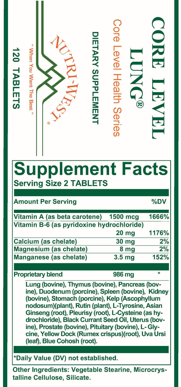 Nutri-West - Core Level Lung - 120 Tablets - Supplement Facts panel