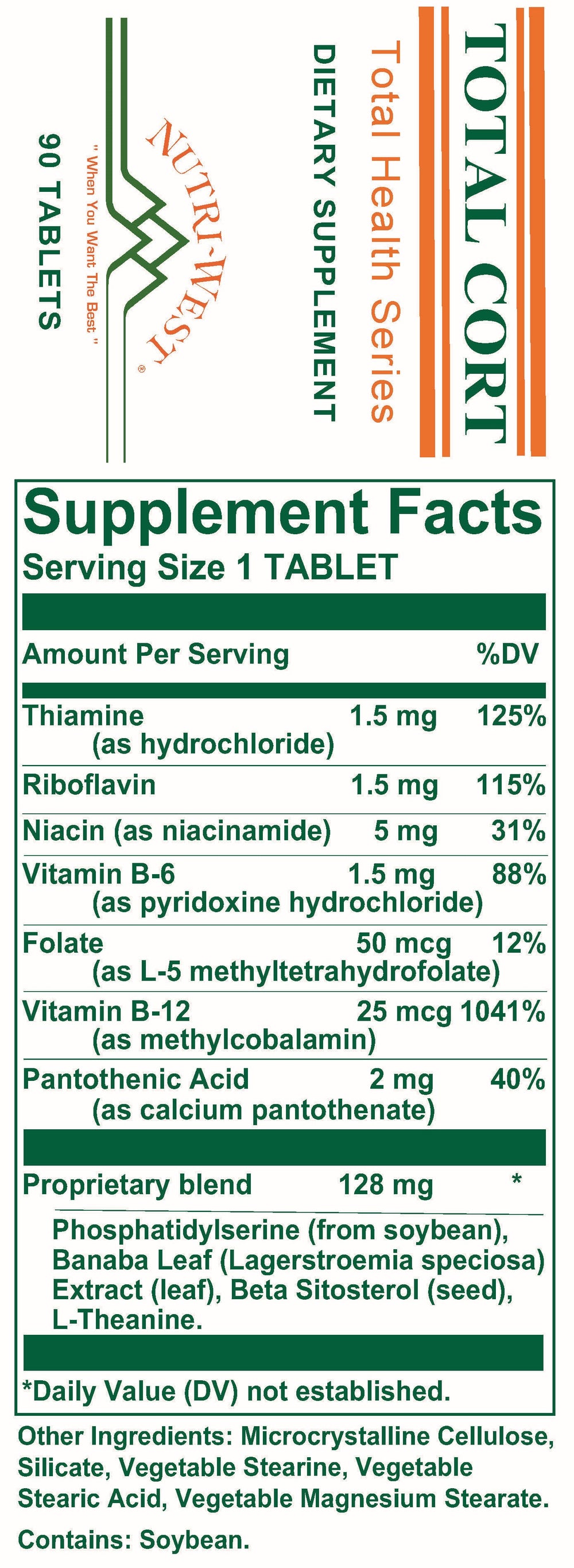 Nutri-West - Total Cort - 90 Tablets - Supplement Facts panel