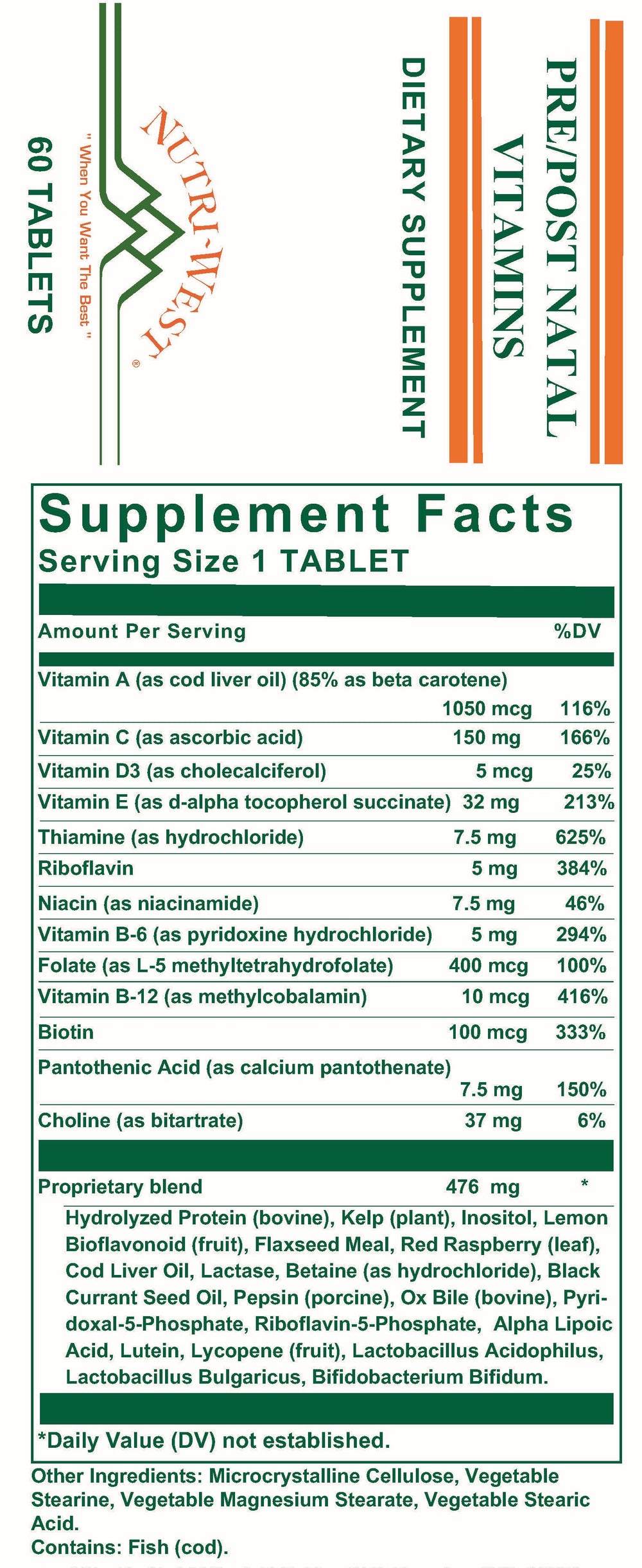 Nutri-West - Pre/Post Natal Vitamins - 60 Tablets - Supplement Facts panel