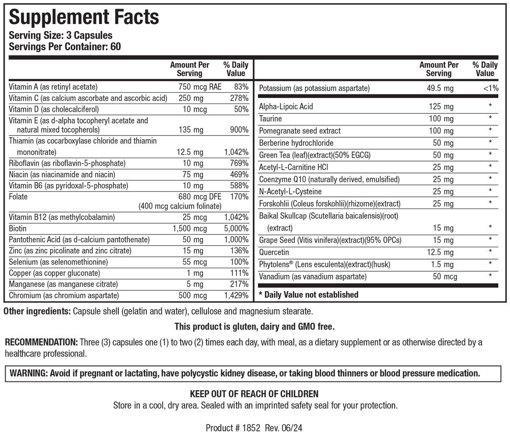 Biotics Research GlucoResolve 180 Capsules - Supplement Facts panel