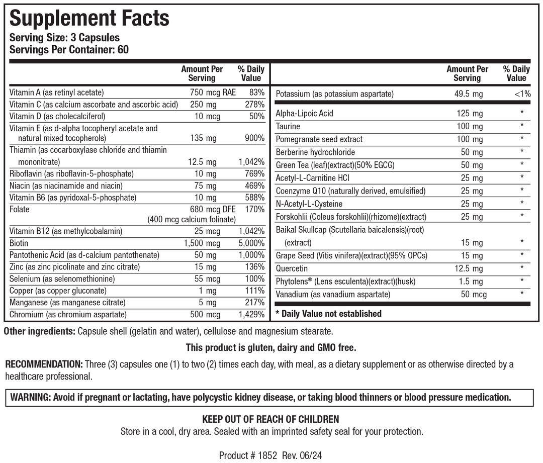 Biotics Research GlucoResolve 180 Capsules - Supplement Facts panel