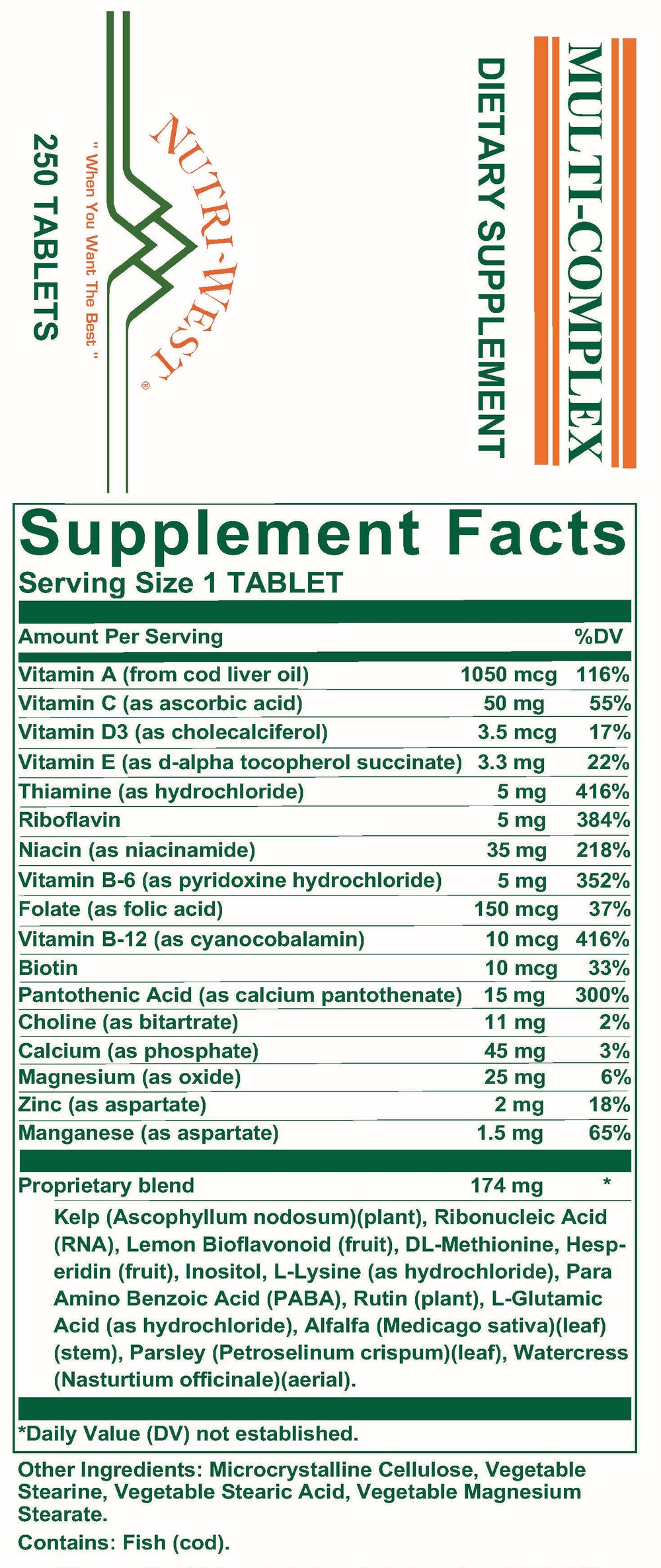 Nutri-West - Multi-Complex - 250 Tablets - Supplement Facts panel