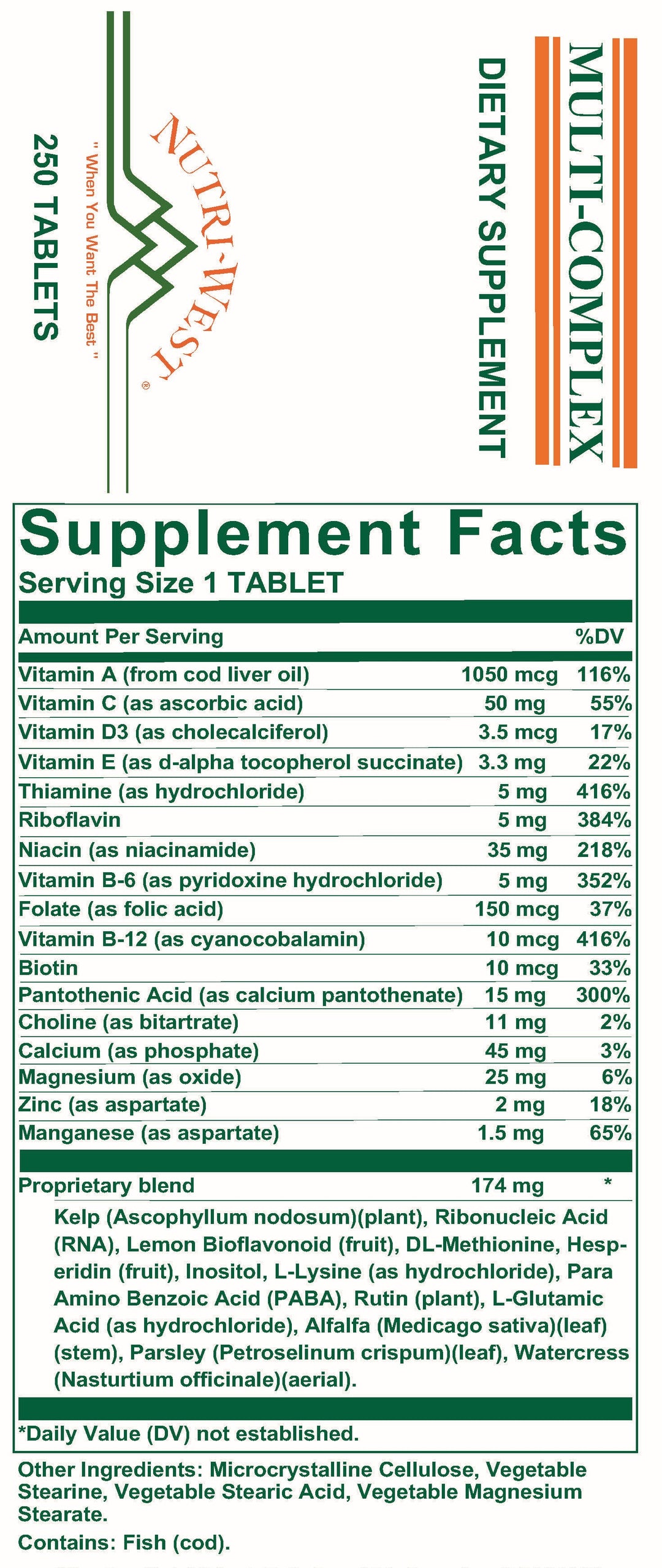 Nutri-West - Multi-Complex - 250 Tablets - Supplement Facts panel
