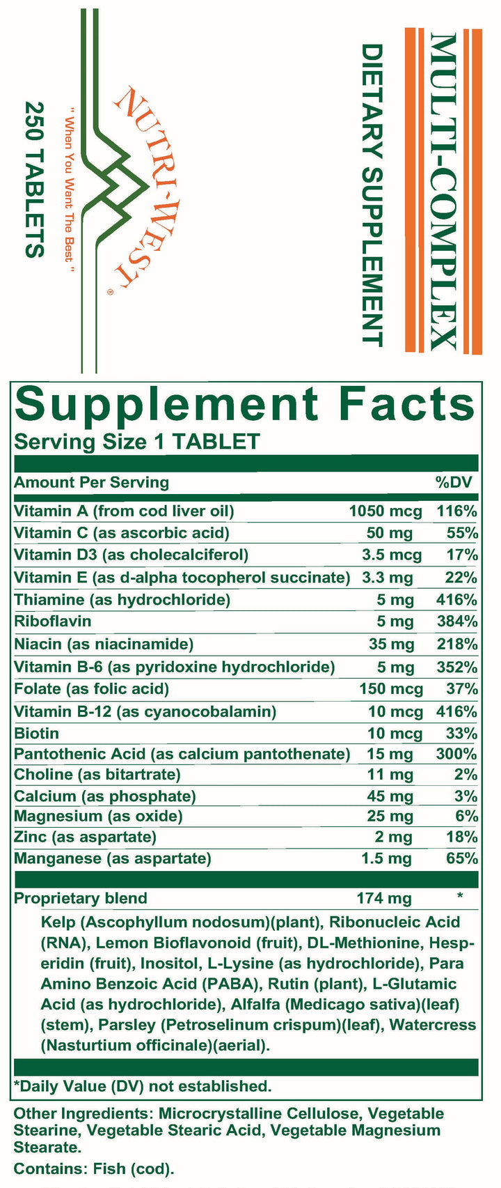 Nutri-West - Multi-Complex - 250 Tablets - Supplement Facts panel