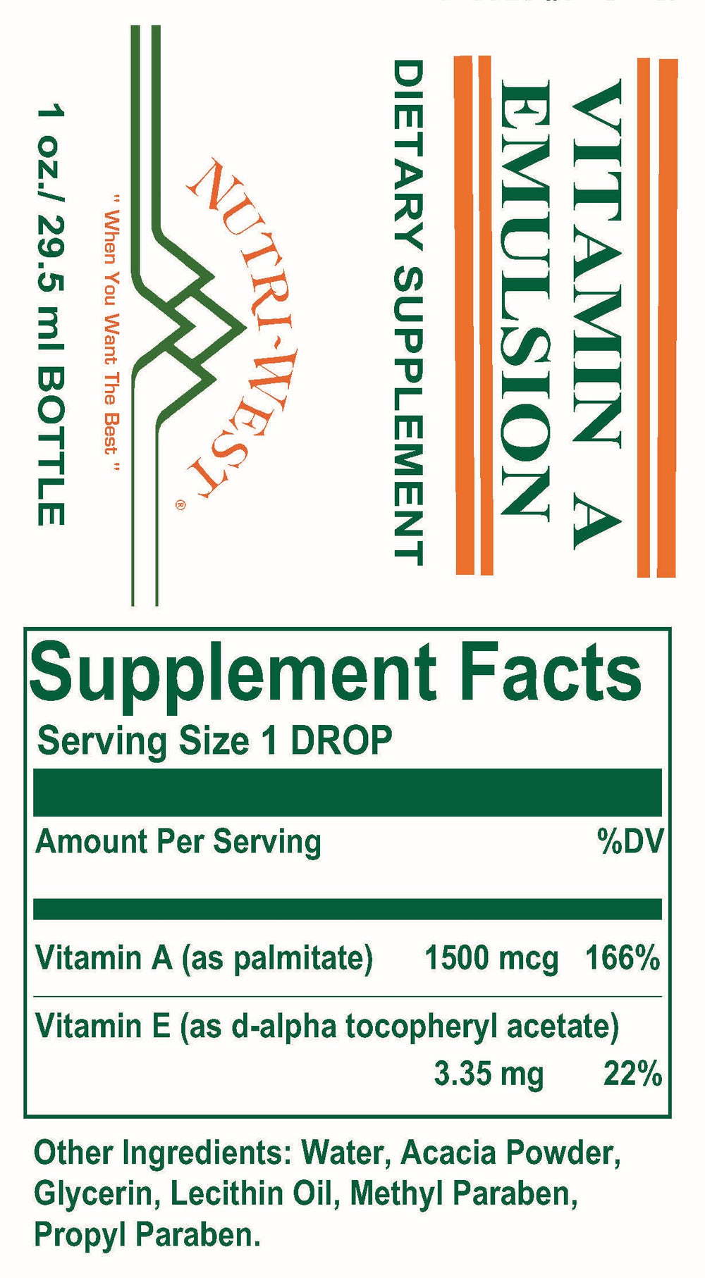 Nutri-West - Vitamin A Emulsion - 30 cc - Supplement Facts panel