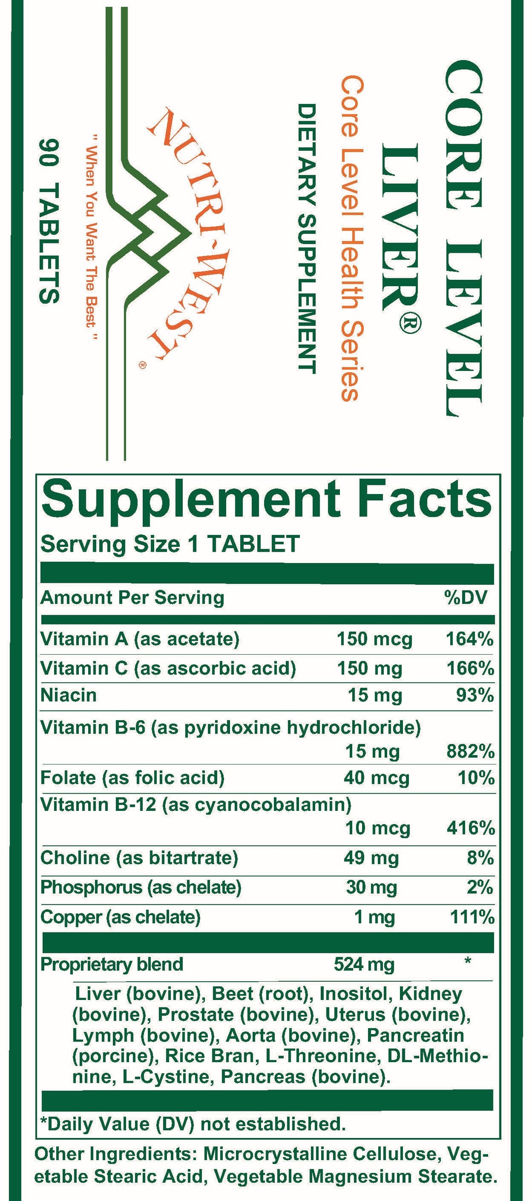 Nutri-West - Core Level Liver - 90 Tablets - Supplement Facts panel