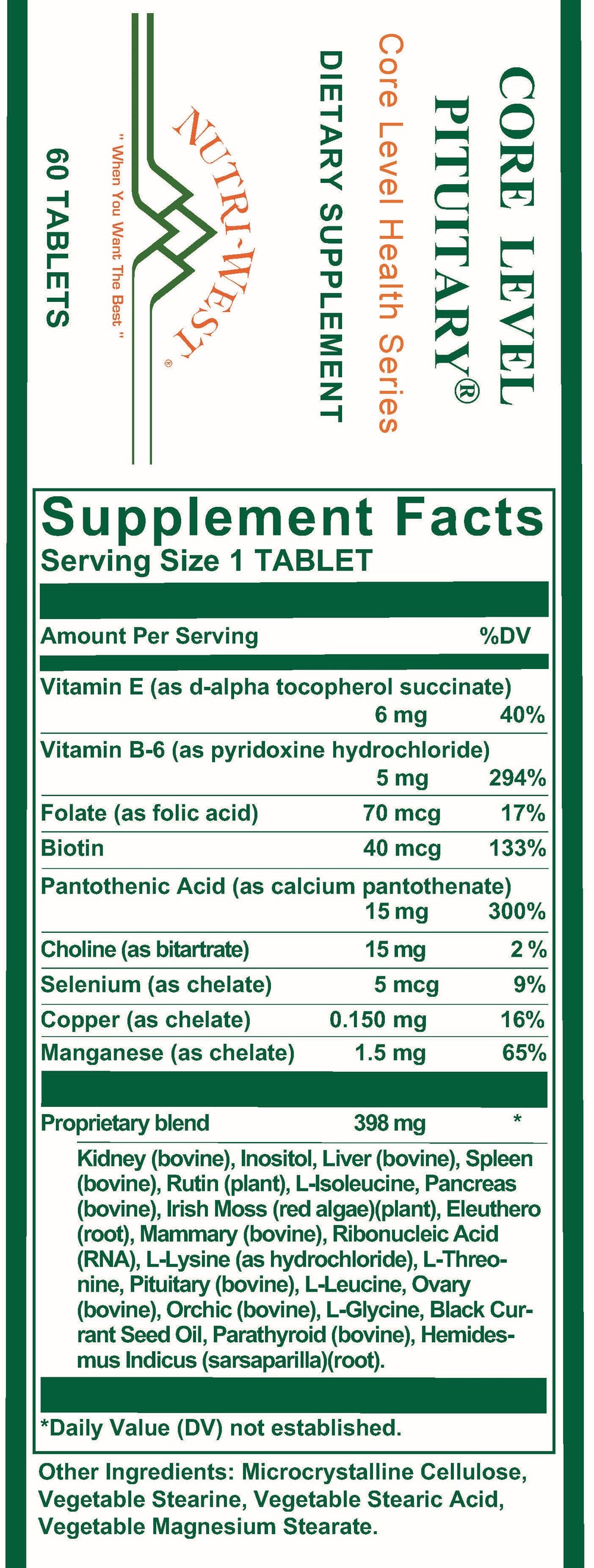 Nutri-West - Core Level Pituitary - 60 Tablets - Supplement Facts panel