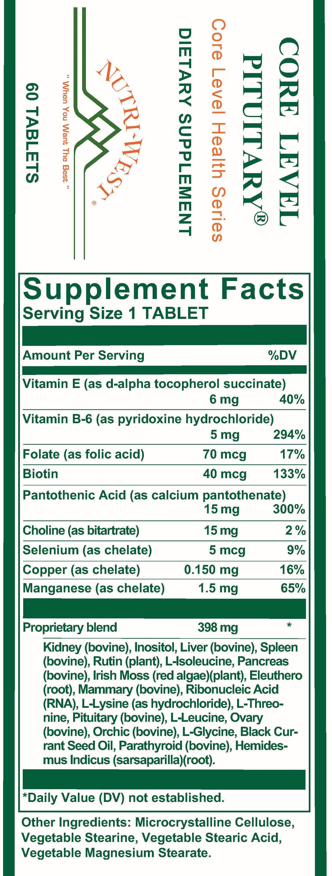 Nutri-West - Core Level Pituitary - 60 Tablets - Supplement Facts panel