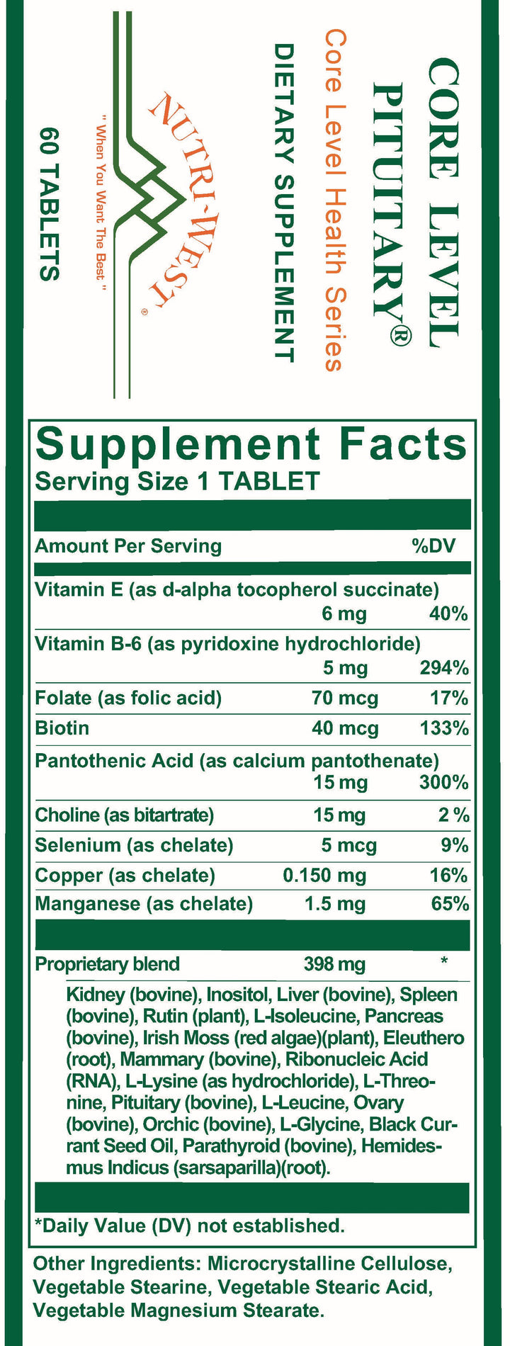 Nutri-West - Core Level Pituitary - 60 Tablets - Supplement Facts panel