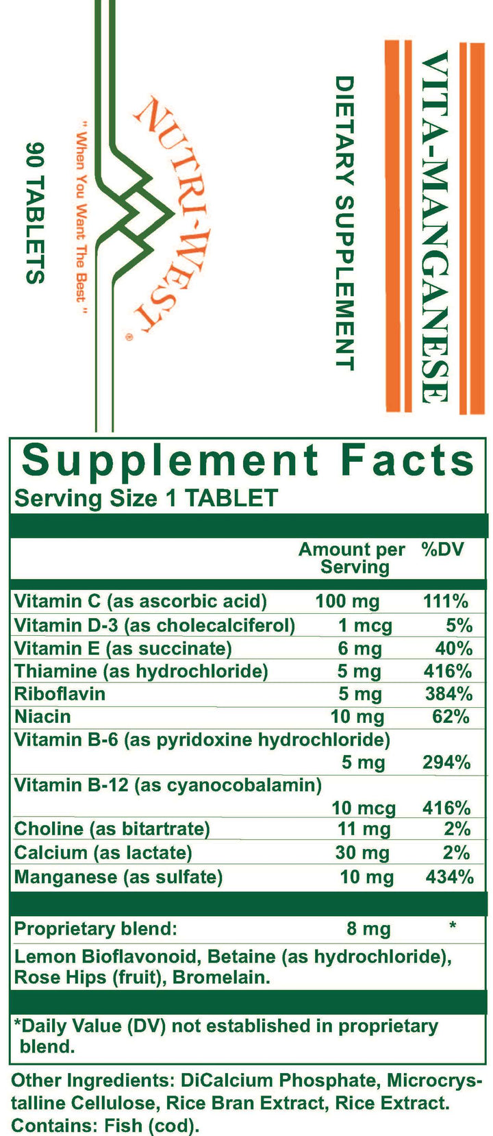 Nutri-West - Vita-Manganese - 90 Tablets - Supplement Facts panel