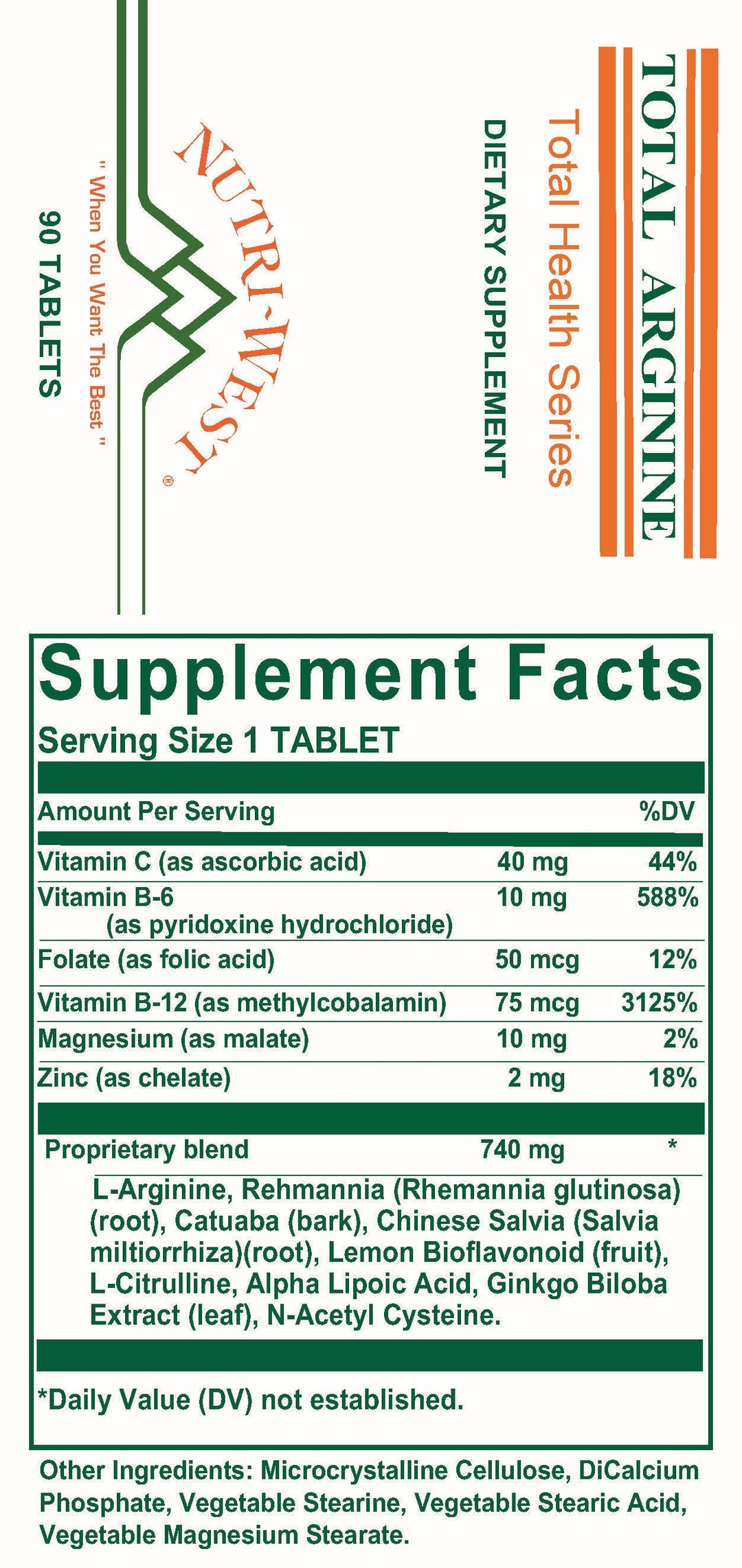 Nutri-West - Total Arginine - 90 Tablets - Supplement Facts panel